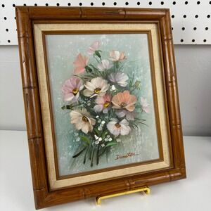 Vtg Dunston Floral Oil Painting Faux Bamboo Frame Flowers Cottagecore Art Boho